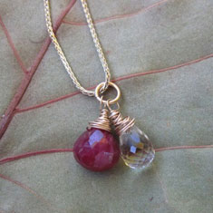 14K Gold chain with Ruby and Lemon Quartz briolette charms
